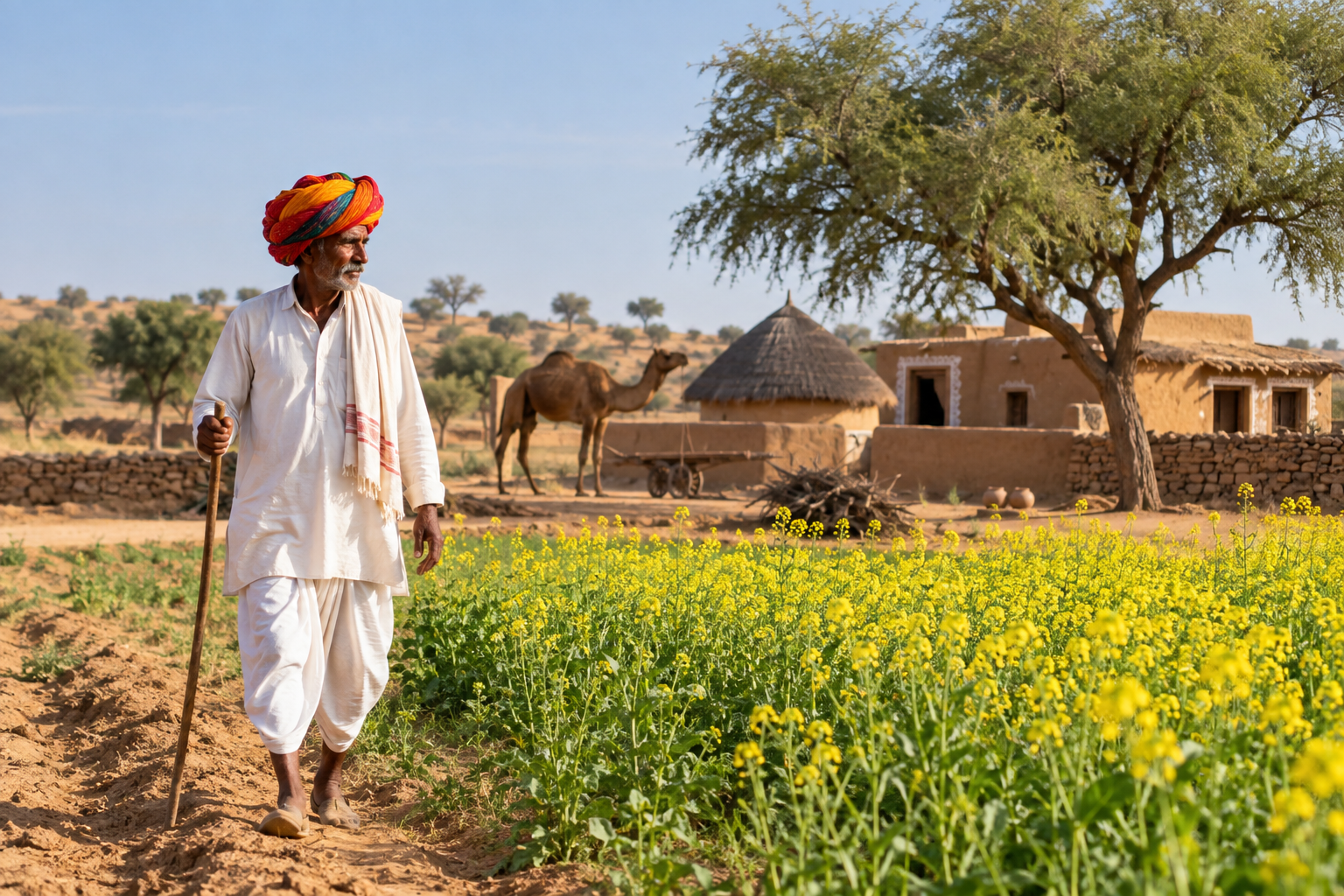 Illustrative Rajasthan farmer beside a mustard field