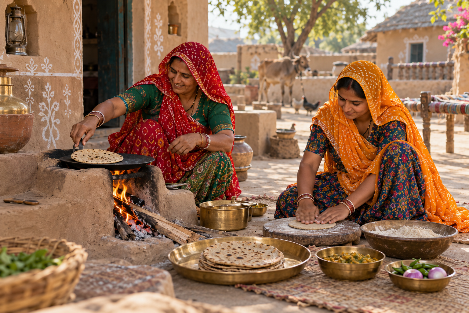 Illustrative scene of women preparing rotis in a Rajasthan village courtyard